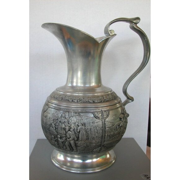 Antique Arzberg Zinn 95% Pewter Embossed Pitcher Jug Vase With Handle - Picture 1 of 15